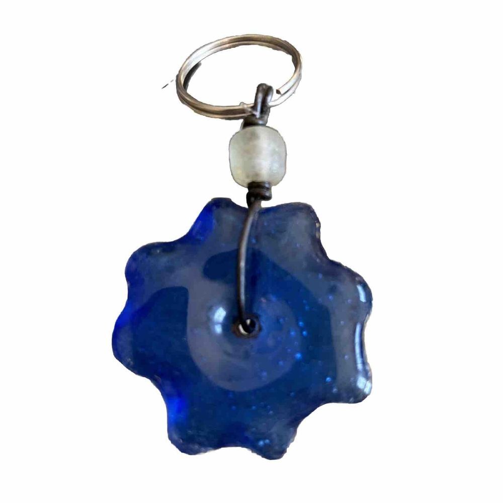 Blue Glass Flower & glass bead on Key Ring‎